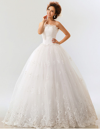 Custom Applique Ball Gown Strapless Floor Length Organza Wedding Dresses