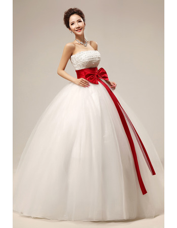 Affordable Beaded Ball Gown Strapless Long Wedding Dresses with Sashes