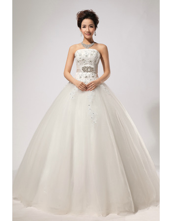 Custom Rhinestone Ball Gown Strapless Floor Length Satin Wedding Dresses