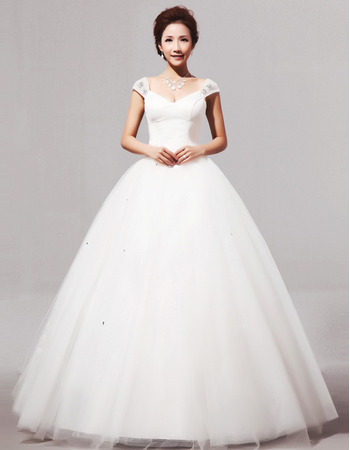 V-Neck Cap Sleeves Ball Gown Long Satin Dresses for Spring Wedding