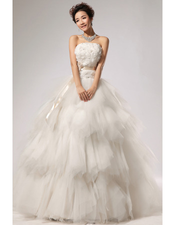 Elegant Tiered Organza A-Line Strapless Floor Length Wedding Dresses