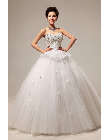 Beaded Sweetheart Ball Gown Floor Length Satin Dresses for Spring Wedding