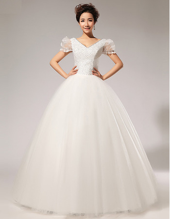 Custom Bubble Sleeves V-Neck Beaded Ball Gown Floor Length Wedding Dresses