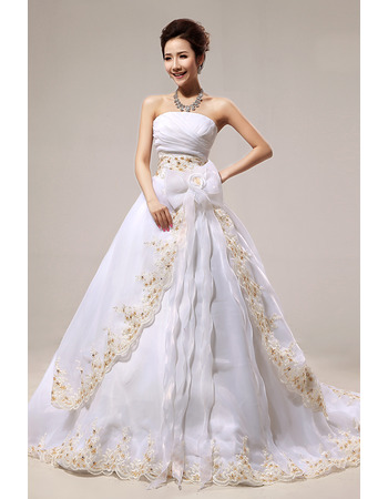 Affordable A-Line Strapless Court Train Embroidery Wedding Dresses