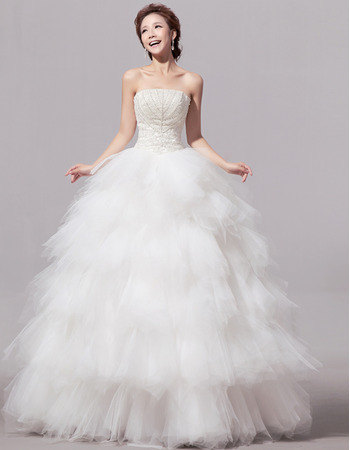 Elegant Bubble Skirt Organza Strapless Floor Length Wedding Dresses