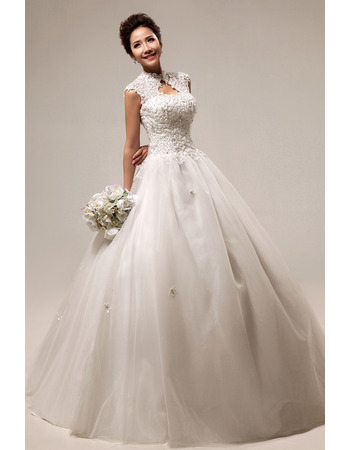 Custom Mandarin Collar Lace A-Line Floor Length Wedding Dresses