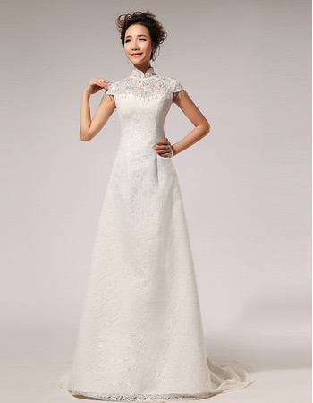 Affordablel Lace Mandarin Collar Cap Sleeves A-Line Wedding Dresses