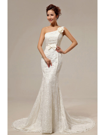 Sexy Mermaid One Shoulder Lace Sweep Train Wedding Dresses for Spring