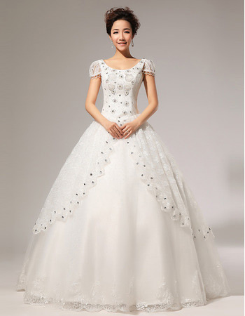 Custom Cap Sleeves Ball Gown Scoop Floor Length Satin Wedding Dresses