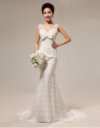 Discount Sexy Mermaid V-Neck Lace Sweep Train Wedding Dresses