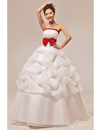 Affordable Ball Gown Strapless Long Wedding Dresses with Red Belts