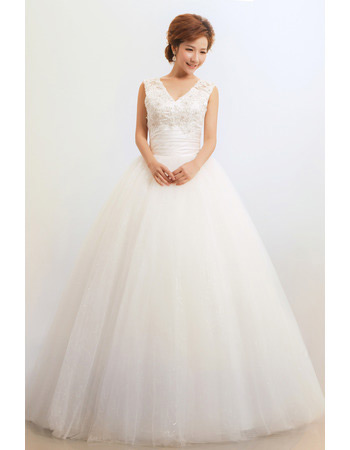 V-Neck Ball Gown Floor Length Organza Dresses for Spring Wedding