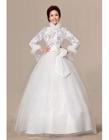 Long Sleeves High-Neck Ball Gown Floor Length Satin Wedding Dresses