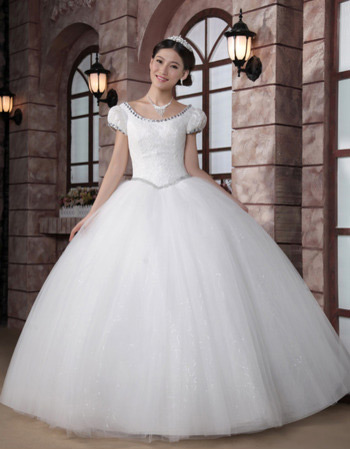 Custom Cap Sleeves Ball Gown Scoop Floor Length Organza Wedding Dresses