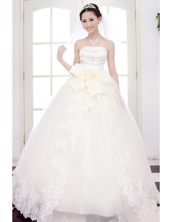 Custom Elegant Ball Gown Strapless Floor Length Beaded Wedding Dresses