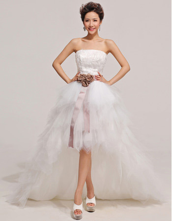 Sexy High-Low A-Line Strapless Ruffle Wedding Dresses with Sashes