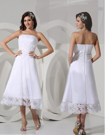 Affordable A-Line Strapless Satin Tea Length Summer Beach Wedding Dresses