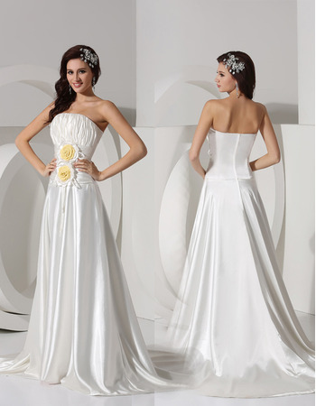 Affordable Strapless Court Train Satin Wedding Dresses with Flowers