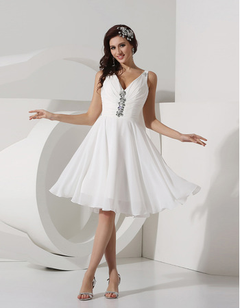 Inexpensive A-Line V-Neck Knee Length Chiffon Beach Wedding Dresses