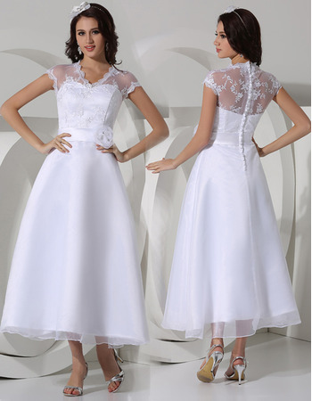 Stylish A-Line Tea Length Satin Garden/ Outdoor Wedding Dresses