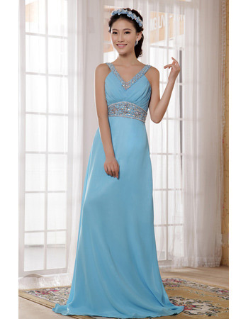 V-Neck Chiffon Floor Length Sheath Bridesmaid Dresses for Spring