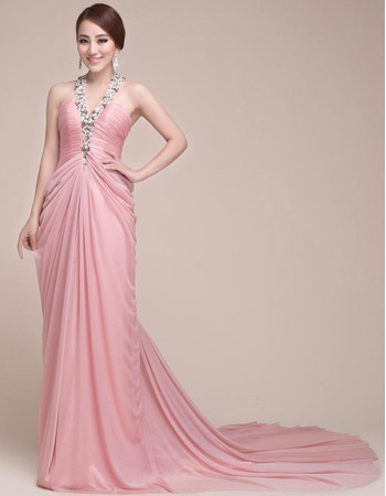 Sexy Elegant Chiffon V-Neck Court Train Sheath Evening/ Prom Dresses