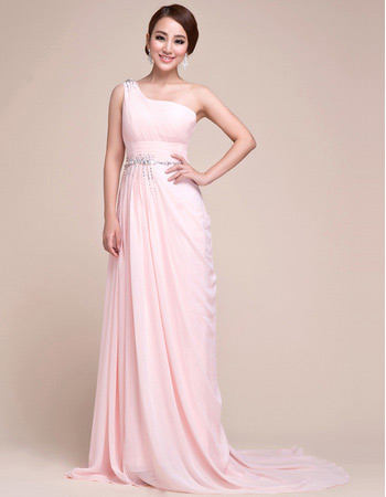 One Shoulder Chiffon Sweep Train Sheath Evening/ Prom Dresses