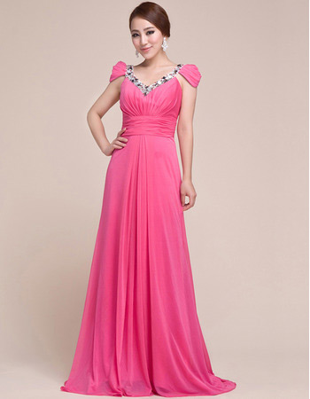 Custom Cap Sleeves Chiffon V-Neck Sweep Train Evening/ Prom Dresses