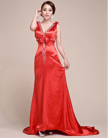 Sexy V-Neck Satin Sweep Train Sheath/ Column Evening/ Prom Dresses