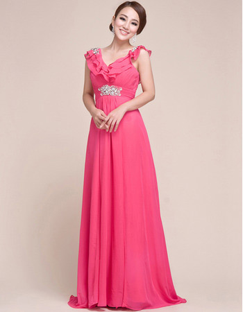 Custom V-Neck Chiffon Sweep Train Sheath/ Column Evening/ Prom Dresses