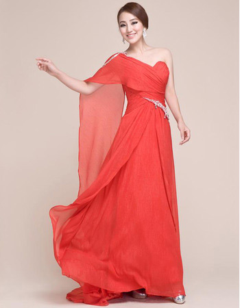 Affordable One Shoulder Chiffon Long Sheath Evening/ Prom Dresses