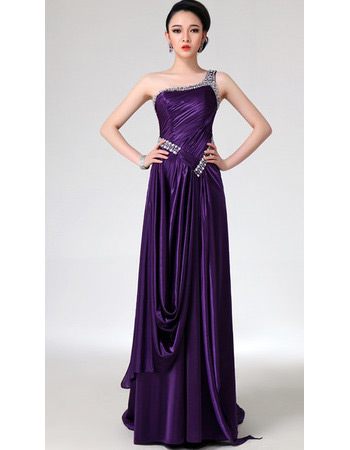 Custom One Shoulder Satin Sheath Floor Length Evening/ Prom Dresses