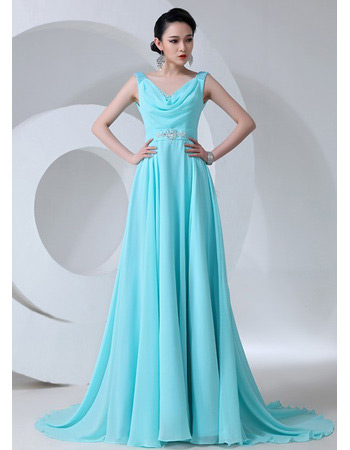 Inexpensive V-Neck A-Line Chiffon Long Evening/ Prom Dresses