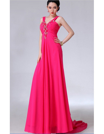 Sexy Formal V-Neck Chiffon Sheath Sweep Train Evening/ Prom Dresses