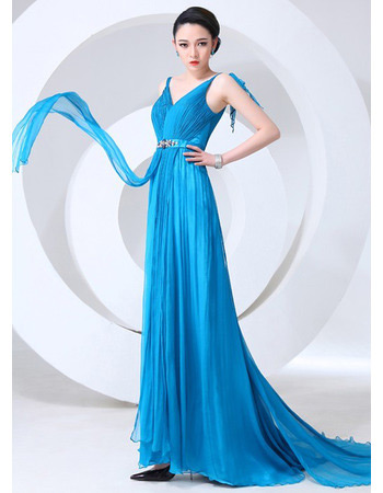 V-Neck Sheath Chiffon Floor Length Evening/ Prom Dresses for Spring