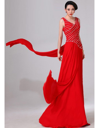 Affordable V-Neck Sheath Chiffon Floor Length Evening/ Prom Dresses