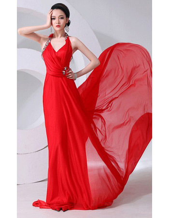 Halter Chiffon Court Train Sheath Evening/ Prom Dresses for Spring