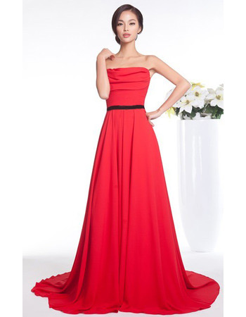 Affordable A-Line Strapless Chiffon Court Train Evening/ Prom Dresses