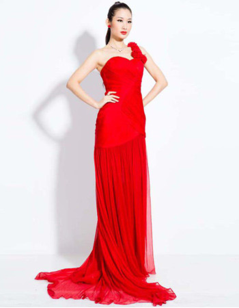 Custom One Shoulder Chiffon Sheath Sweep Train Evening Dresses