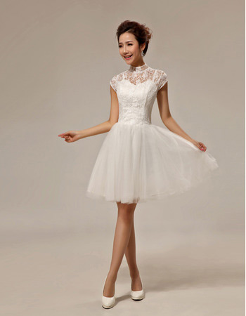 Discount Lace Mandarin Collar Cap Sleeves Short Beach Wedding Dresses