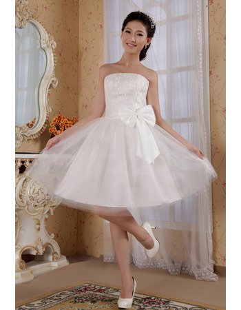 Simple A-Line Strapless Knee Length Lace Tulle Dresses for Summer Wedding with Bow