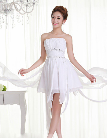Stylish A-Line Strapless Short Beach Ruched White Chiffon Wedding Dresses with Beaded