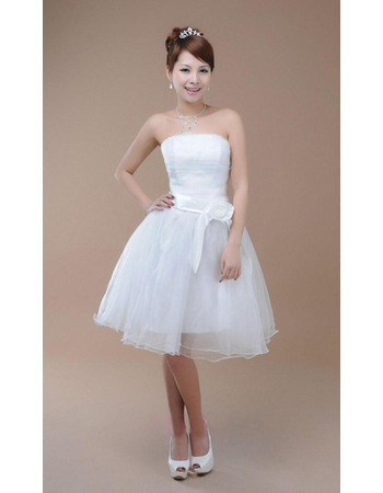 Simple A-Line Strapless Organza Knee Length Short Wedding Dresses with 3D Flower