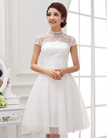 Elegant Mandarin Collar A-Line Organza Short Reception Wedding Dresses