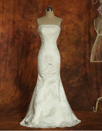 Affordable Mermaid Strapless Satin Sweep Train Wedding Dresses