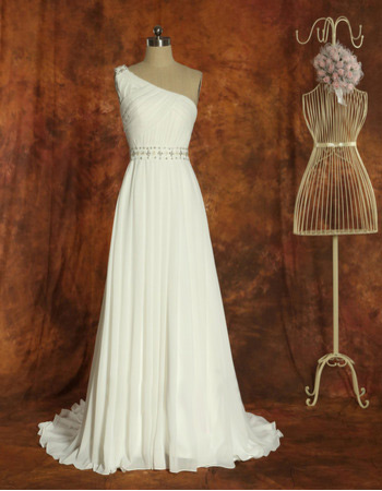 Inexpensive One Shoulder Chiffon Sweep Train A-Line Wedding Dresses