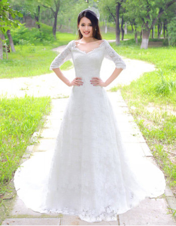 Custom Elegant Lace Sleeves Court Train A-Line V-Neck Wedding Dresses