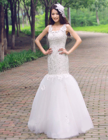 Inexpensive Mermaid/ Trumpet Lace Floor Length Wedding Dresses