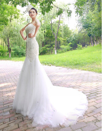 Custom Mermaid Sweetheart Court Train Organza Wedding Dresses