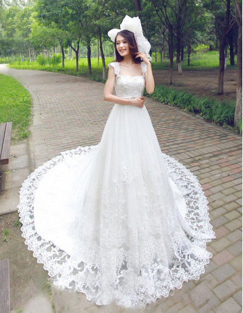 Affordable Elegan Lace Chapel Train Straps A-Line Wedding Dresses